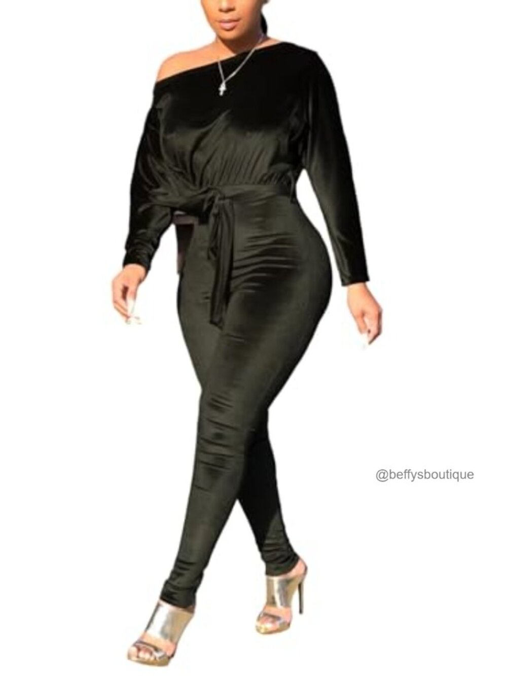 Velvet Off Shoulder Jumpsuit Stretchy Long Sleeve Bodycon Party Outfit with Belt